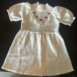 Janie and Jack White Knit Dress with Lace and Floral Accents